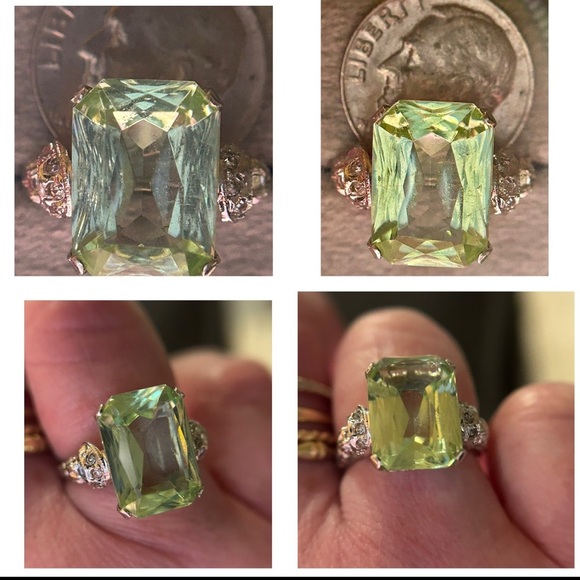 Estate sz6.25 10kt/925 3.85ct URANIUM GEM & Diamond shoulder gothic deco ring - Picture 10 of 16